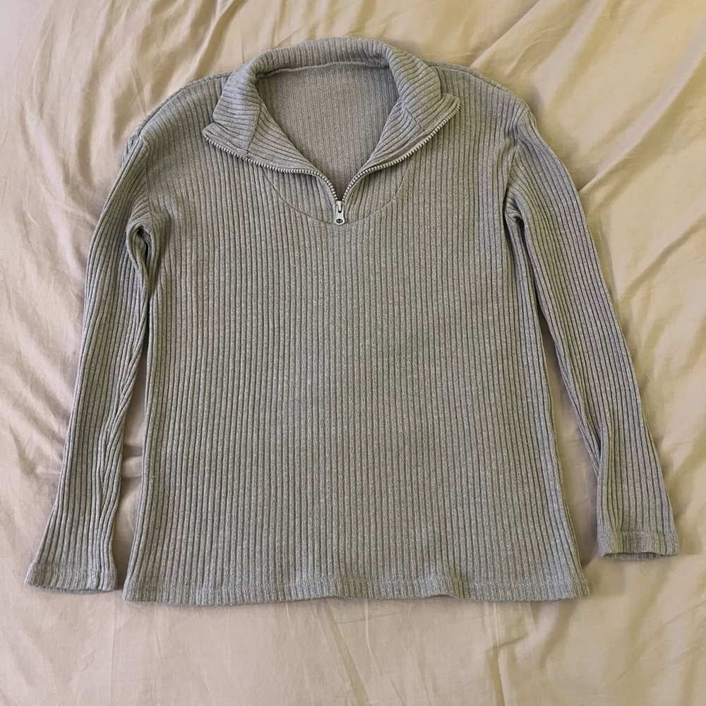 SHEIN Light Gray Ribbed Zip-Up Hoodie